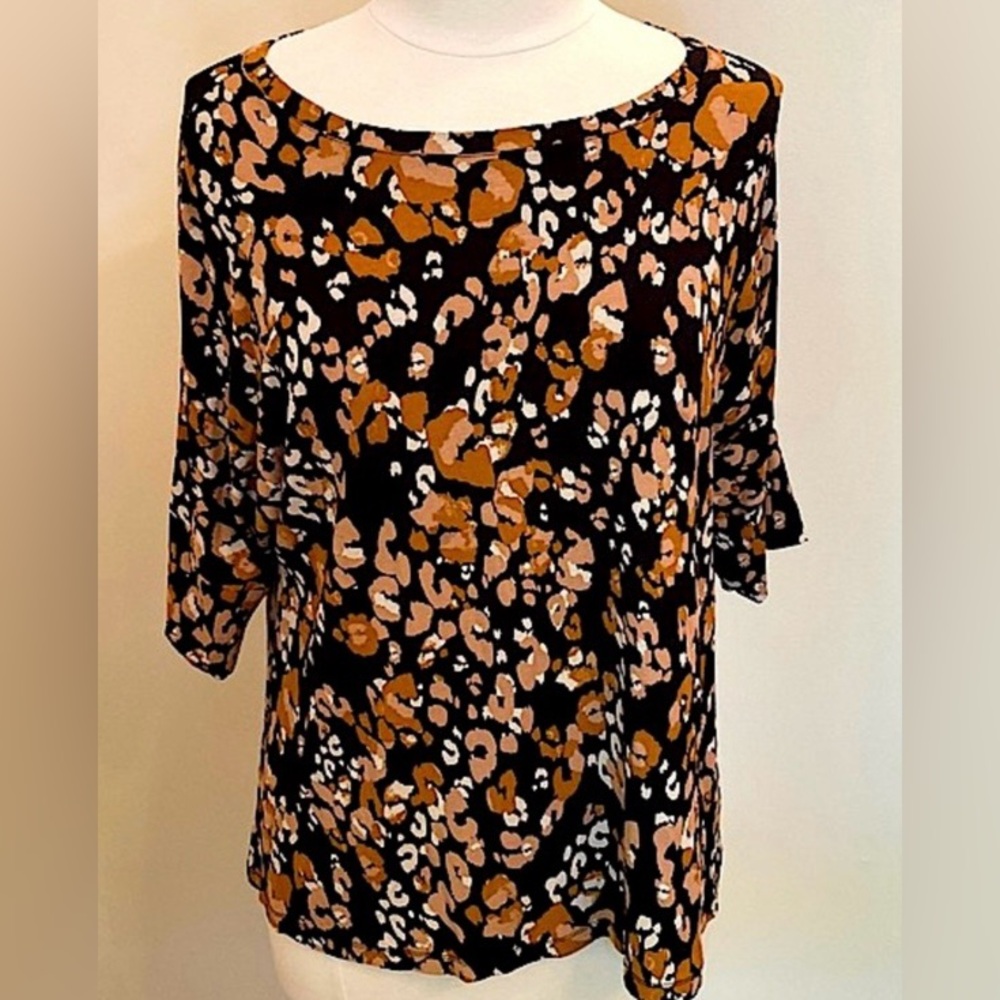 Masai Black Brown White Floral Print SZ M Elegant Everyday Bohemian Artsy Top